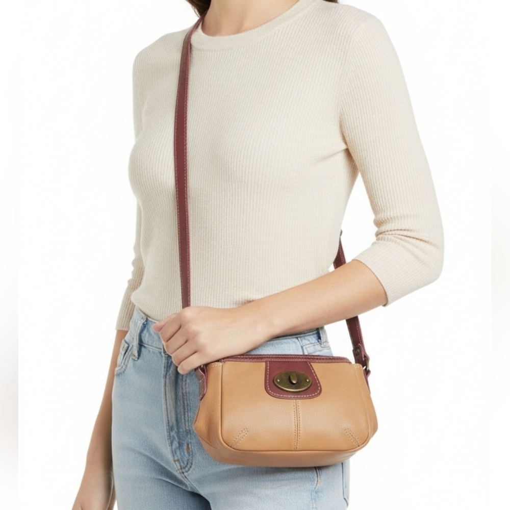B.O.C Leather Tan Beige Burgundy Trim Crossbody Bag Casual NWT
